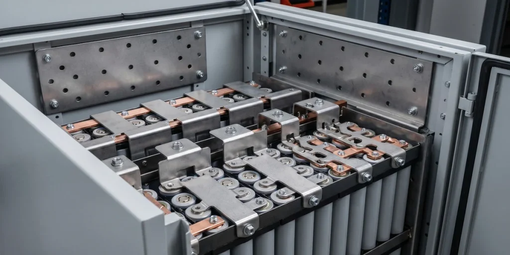 Precision custom stamping parts used as battery module brackets and structural supports in large-scale energy storage systems.